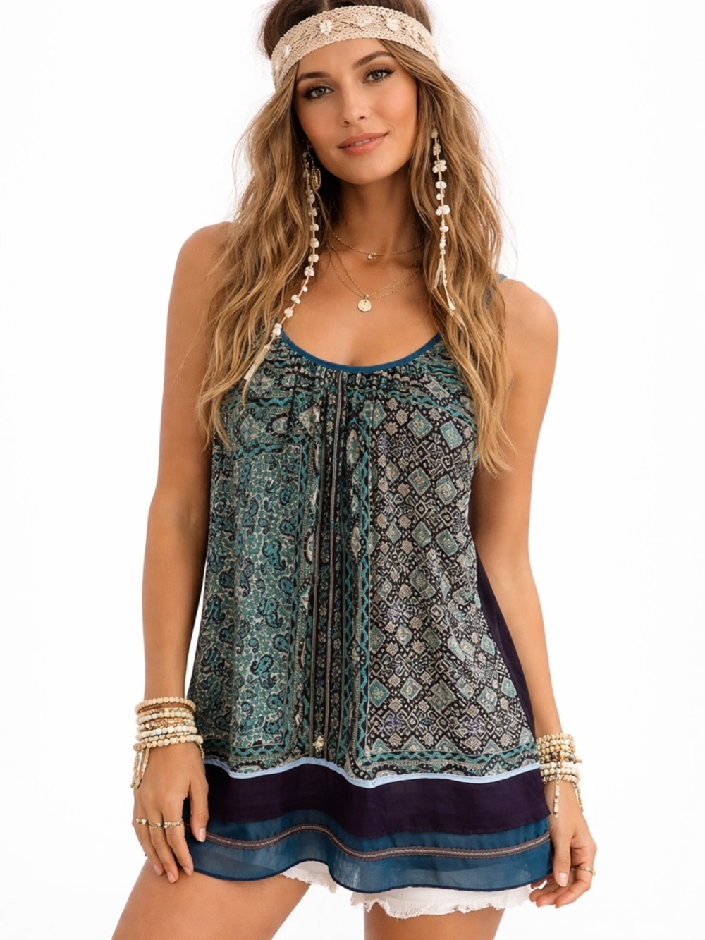 Anthropologie One September Teal and Navy Patterned Tank Top